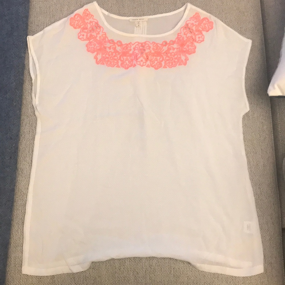 Under Skies White Blouse with Pink Stitching.